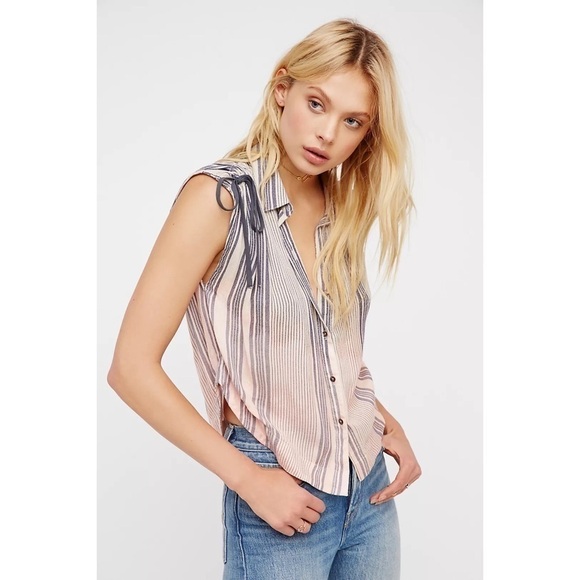 P011 Free People Baby Blues Stripe Buttondown Top - Picture 1 of 7